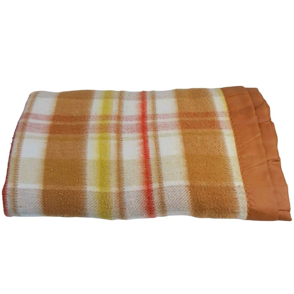 Vtg Montgomery Wards Satin Trim Acrylic Full/Queen  Blanket Brown Plaid 85 x 94"